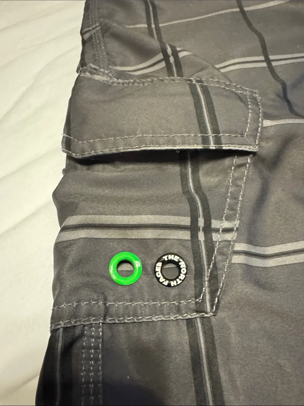 The North Face Men’s Black Gray Plaid Swim Board Shorts with Green Waistband